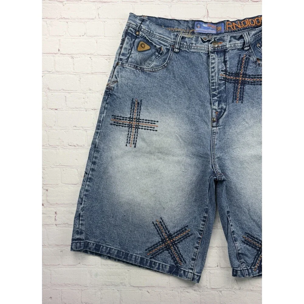 Akademiks Baggy Jean Shorts Vintage Y2K Blue Denim Embroidered Mens 38 Hip Hop